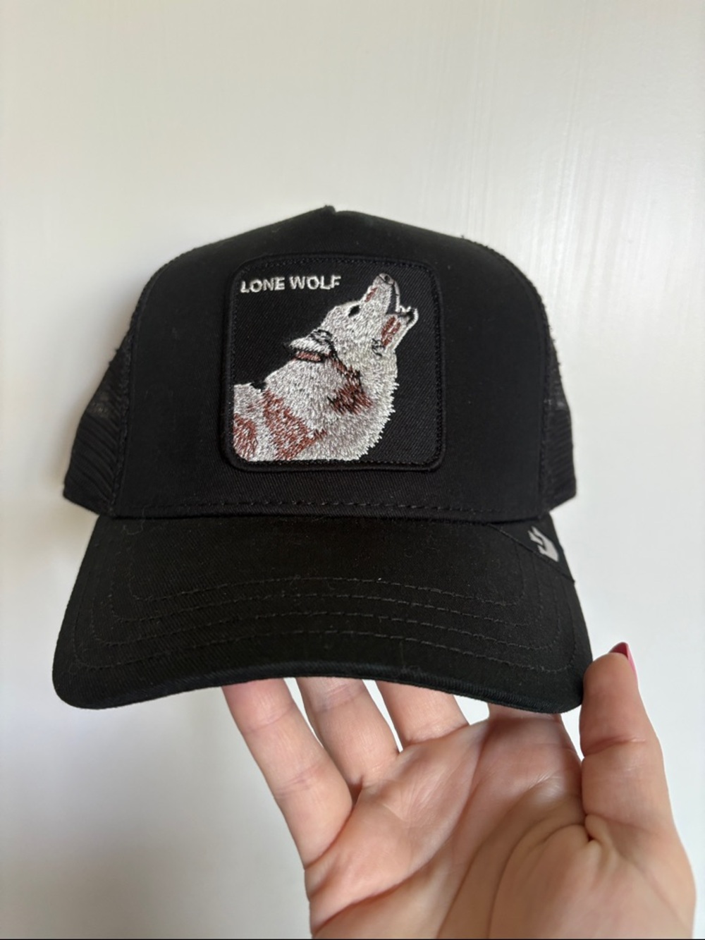 Lone Wolf Embroidered Patch Black Trucker Cap